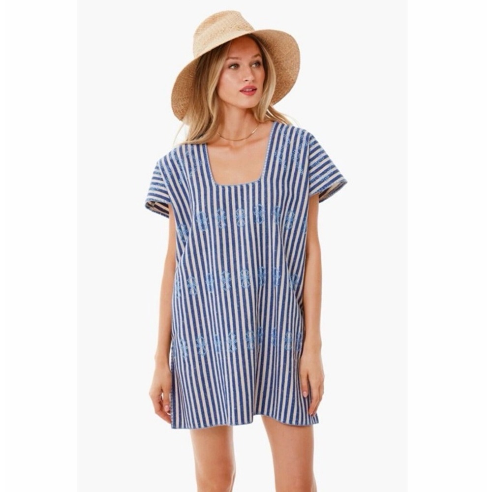 Tuckernuck Sullivan Embroidered Canvas Kaftan Striped Dress Oversized Medium